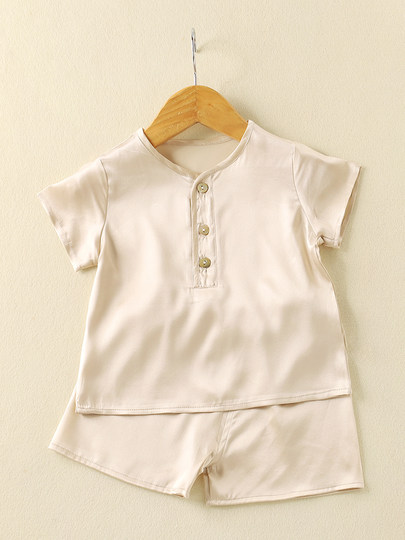 Mulberry Silk Children's Silk Pajamas Set for Boys, Baby Home Wear, Short-Sleeved Air-Conditioned Clothing for Older Children, Two-Piece Thin Set