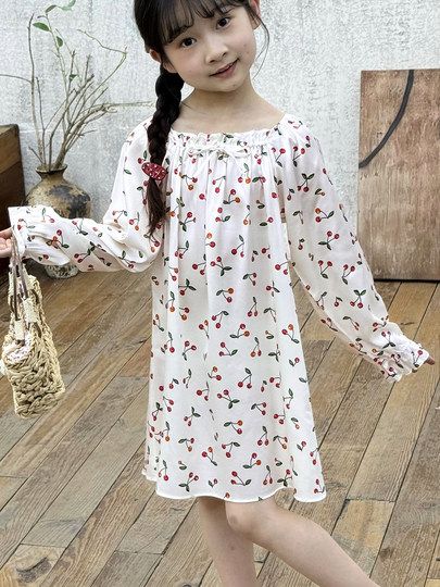 Mulberry Silk Children's Long-Sleeved Nightgown, Girls' Silk Pajamas, Summer, Middle-Aged and Older Children, Little Girls, Cute Princess Home Clothes