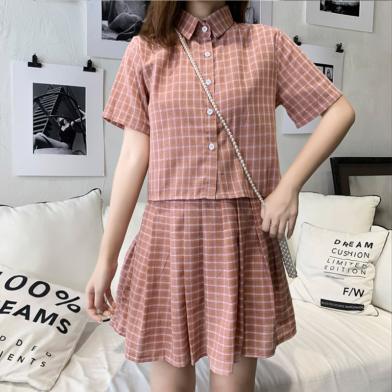 VK旗艦店 韓系格紋休閒短袖襯衫百褶短裙套裝短袖裙裝