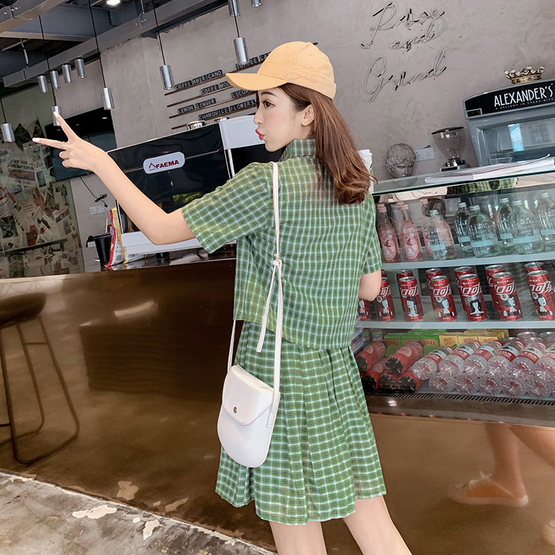 VK旗艦店 韓系格紋休閒短袖襯衫百褶短裙套裝短袖裙裝
