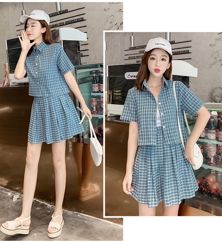 VK旗艦店 韓系格紋休閒短袖襯衫百褶短裙套裝短袖裙裝