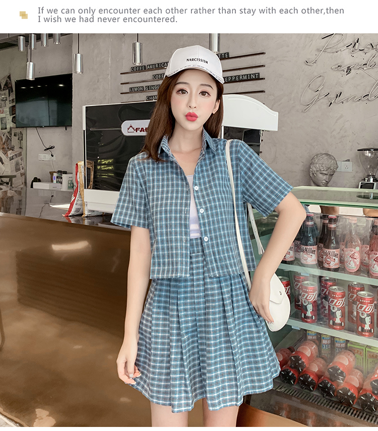 VK旗艦店 韓系格紋休閒短袖襯衫百褶短裙套裝短袖裙裝
