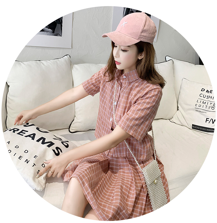 VK旗艦店 韓系格紋休閒短袖襯衫百褶短裙套裝短袖裙裝