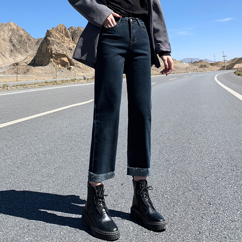 Real shot 1162 black jeans women's versatile show thin broad leg autumn dress high waist drop feeling Plush loose straight tube dad pants