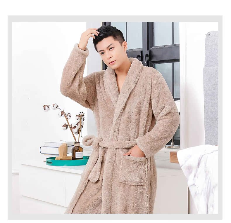 Đồ ngủ nam dày áo choàng nam mùa đông dày lông cừu dài lông cừu giản dị áo choàng tắm flannel dịch vụ nhà tùy chỉnh áo ngủ thu đông Hàn Quốc