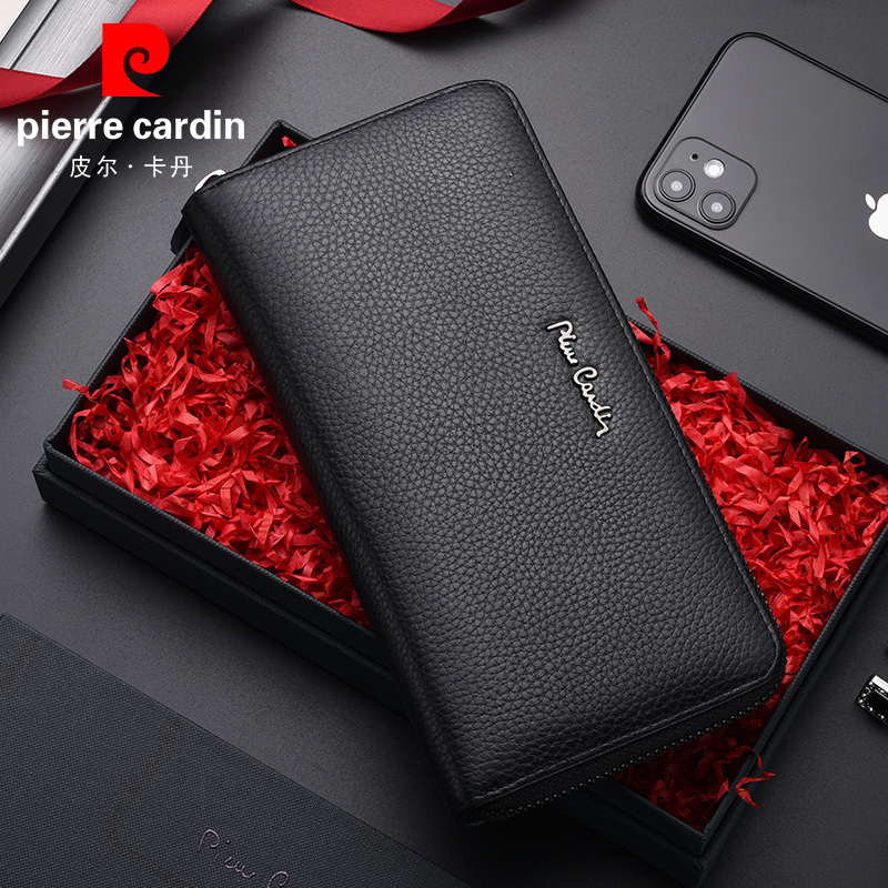Pierre Cardin Long Zipper Genuine Leather Wallet Men's First Layer Cowhide Clutch Business Casual Clutch Bag Clutch Bag