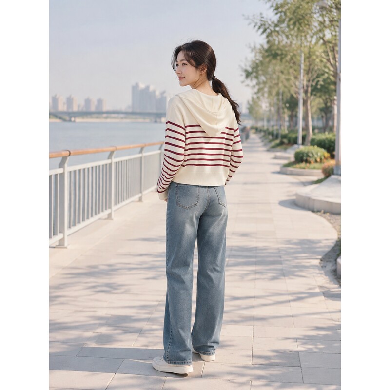 Only Spring and Autumn Women's Casual Striped Hooded Zipper Knit Sweater 12633A008 Only Spring and Autumn Women's Casual Striped Hooded Zipper Knit Sweater 12633A008