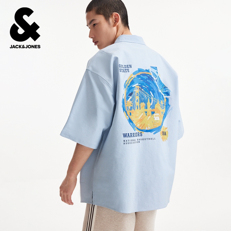 [Nba Co-Branded Warriors Team] Jack Jones Men's Short-Sleeved Shirt, Pure Cotton, Comfortable, Patterned, Pointed Collar, Loose Fit