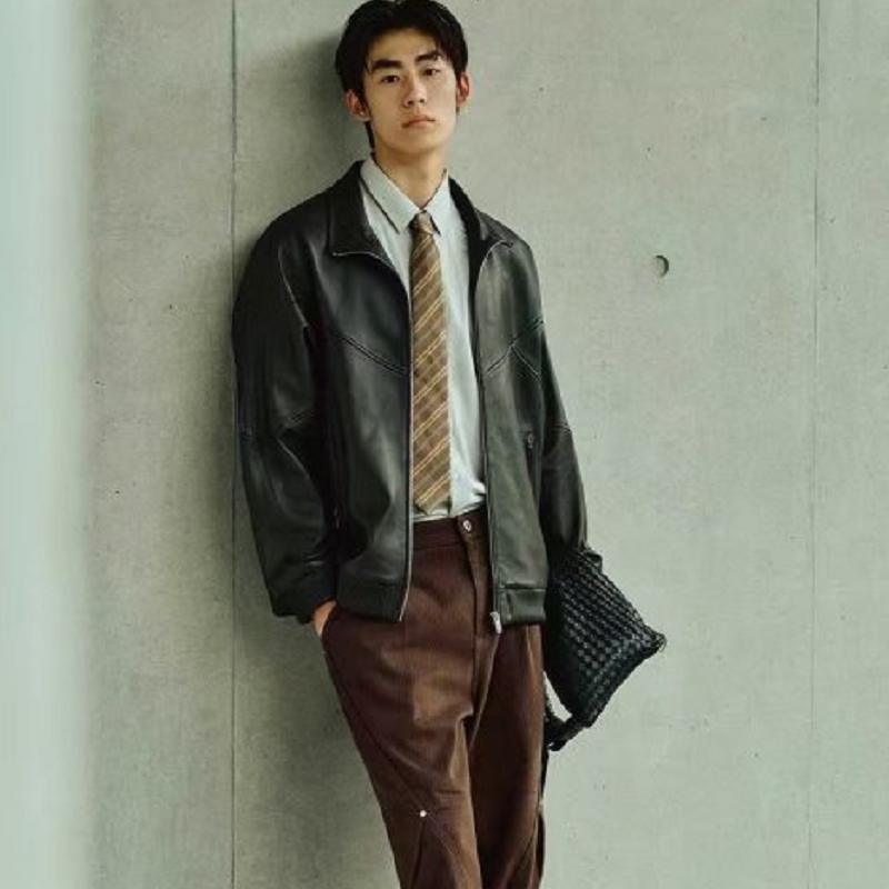 Peacebird Men's Sharp Leather Jacket with Stand Collar Brown Leather Coat B1Bdf4F01 Peacebird Men's Sharp Leather Jacket with Stand Collar Brown Leather Coat B1Bdf4F01