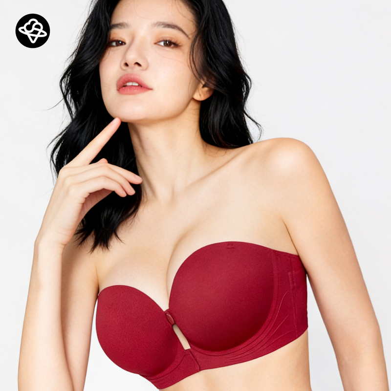 Red Lingerie Set for Women with Small Busts, Push-Up, Front Buckle, Strapless, Non-Slip, One-Piece, Bridal Wedding