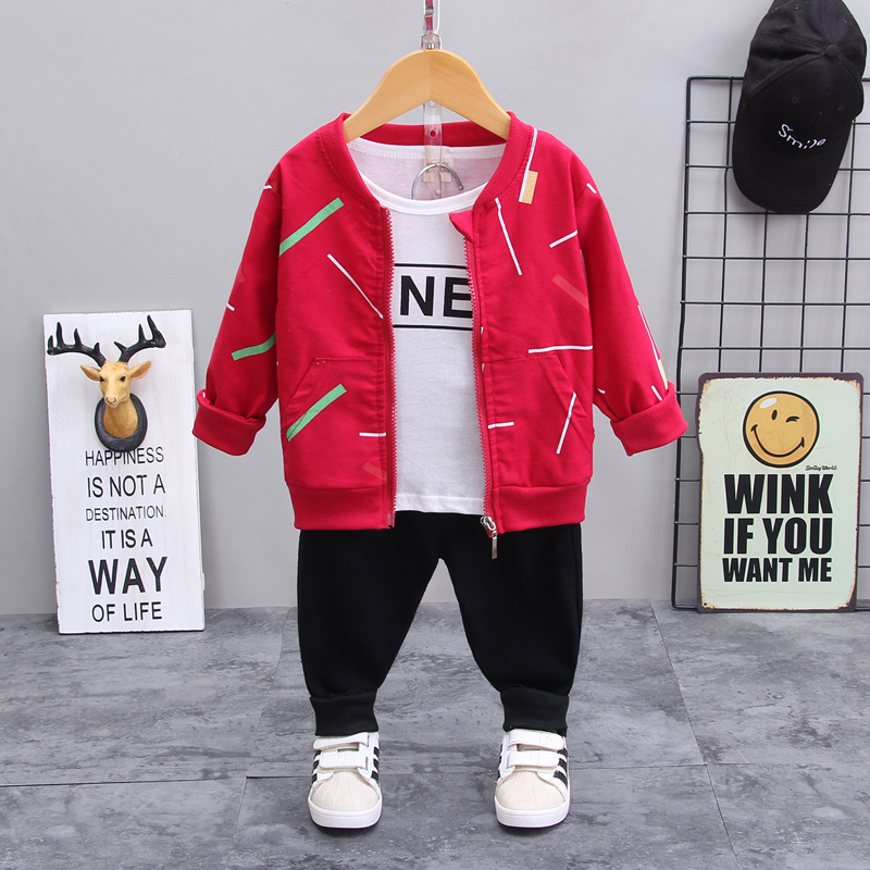 Bhn Zipper Three Piece Set - Red2021 Boy Spring Three piece set children child leisure time clothes Baby boy Autumn clothes 1-3 year 4 Foreign style tide Children's wear