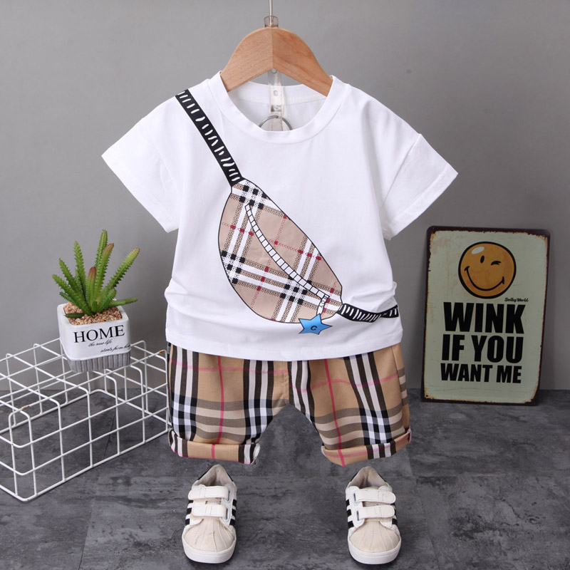 Poliger Backpack Whiteparagraph Boy summer Short sleeve suit 1-3 year 4 children Foreign style Check pattern shorts 2021 baby summer wear Two piece set