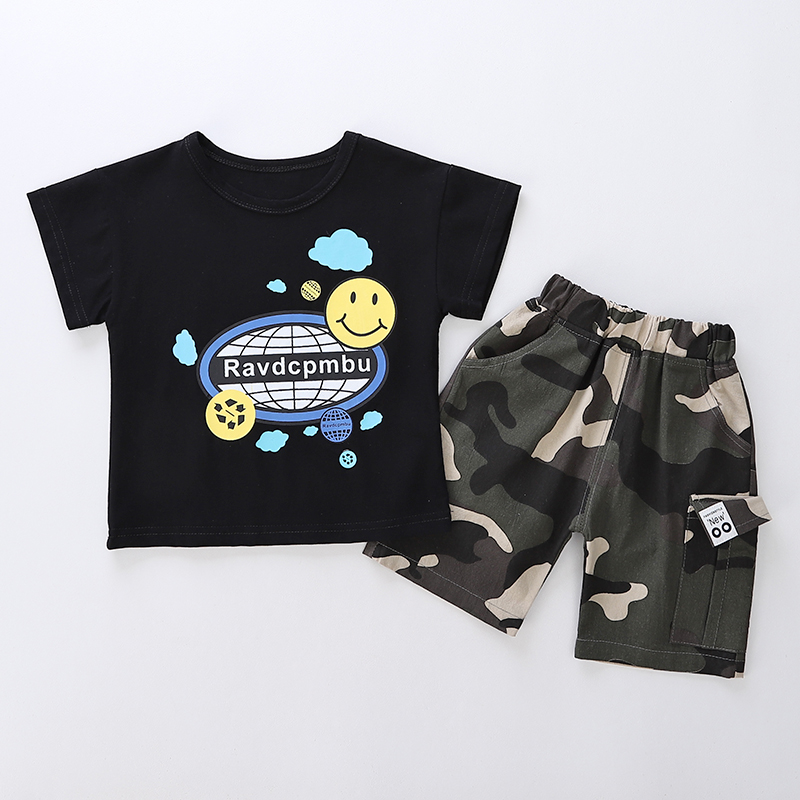 Earth Short Sleeve Blackparagraph Boy summer Short sleeve suit 1-3 year 4 children Foreign style Check pattern shorts 2021 baby summer wear Two piece set