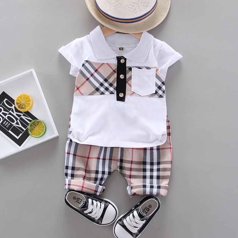 Plaid Short Sleeve & Whiteparagraph Boy summer Short sleeve suit 1-3 year 4 children Foreign style Check pattern shorts 2021 baby summer wear Two piece set