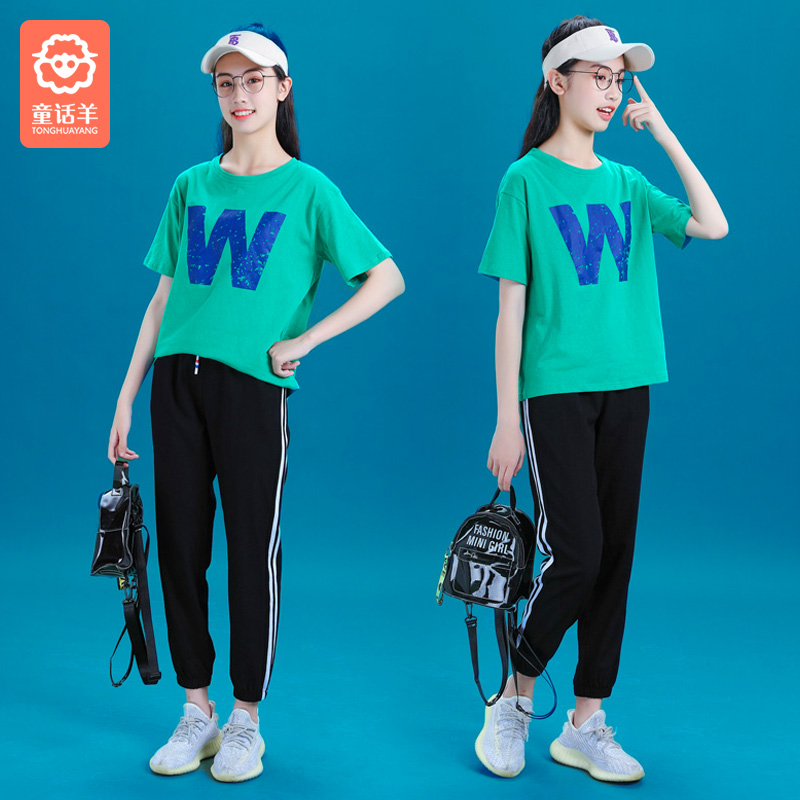 Female middle-aged children's summer suits thin short-sleeved 2021 fashion Western style loose 12 sportswear summer 13 years old tide 15