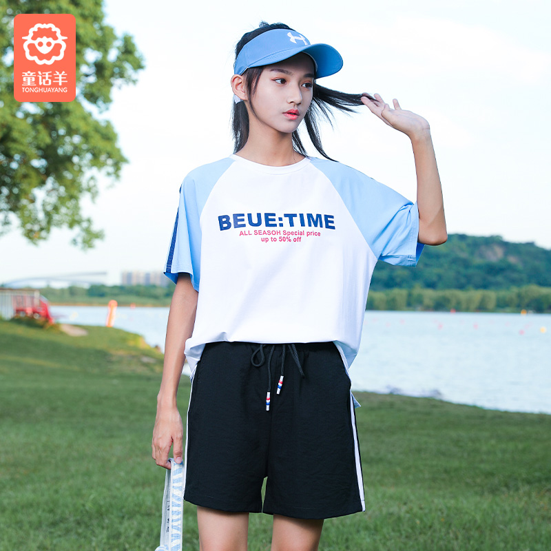 Girls middle and big children's shorts suit summer new loose 12 net red Korean version sports and leisure two-piece set 13 years old 16