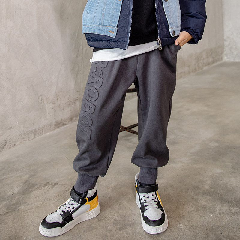 2021 Spring and Autumn Dress Boys Plus Velvet Pants Big Kids Thick Sweatpants Boys Foreign Gas Long Pants Three-Dimensional Print Tide Brand