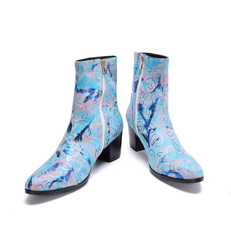 Челси сапоги 铂利迩7公分高跟高端男韩版外贸透气拉链尖头鞋2021新款潮流皮靴 Platinum right Wani