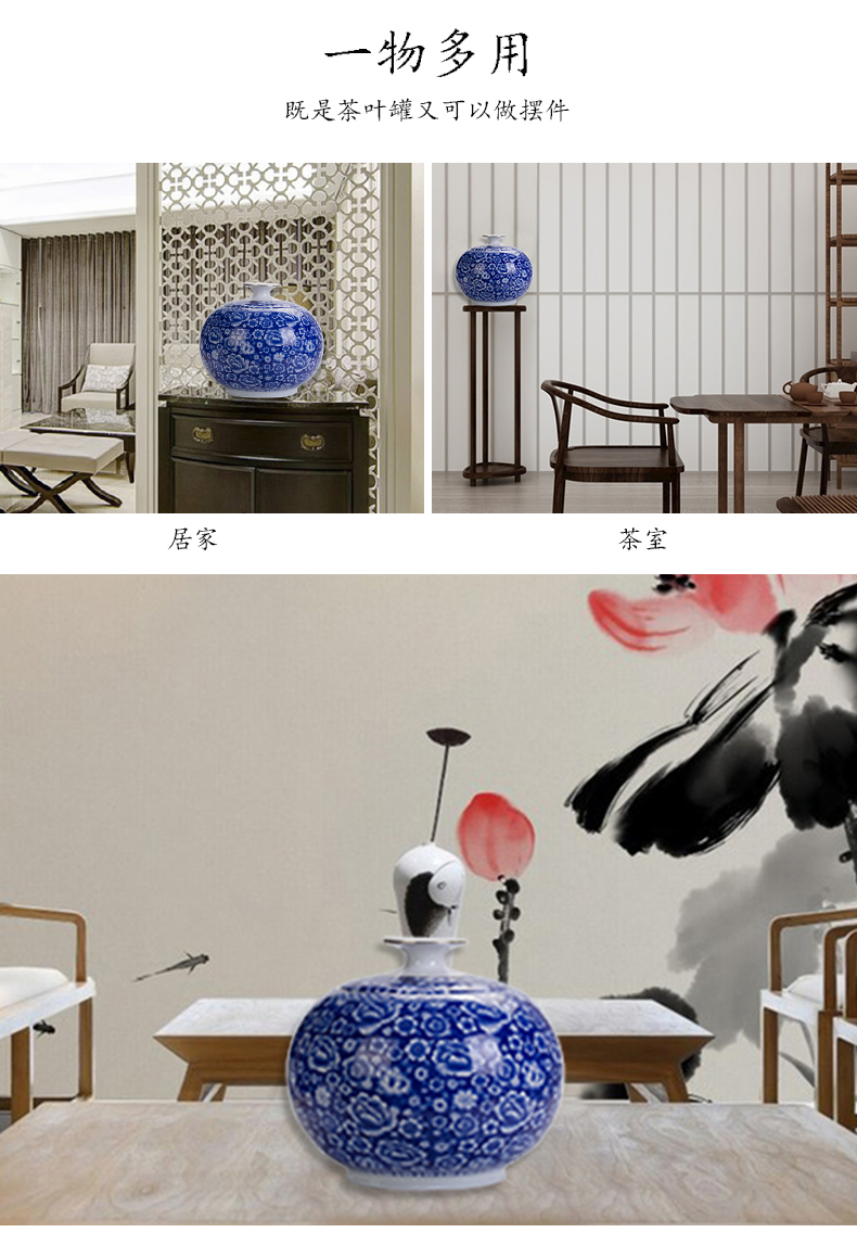 Chang ceramic crown domestic large circular seal tea pot herbs blue and white POTS of tea storage warehouse storage tank creative furnishing articles