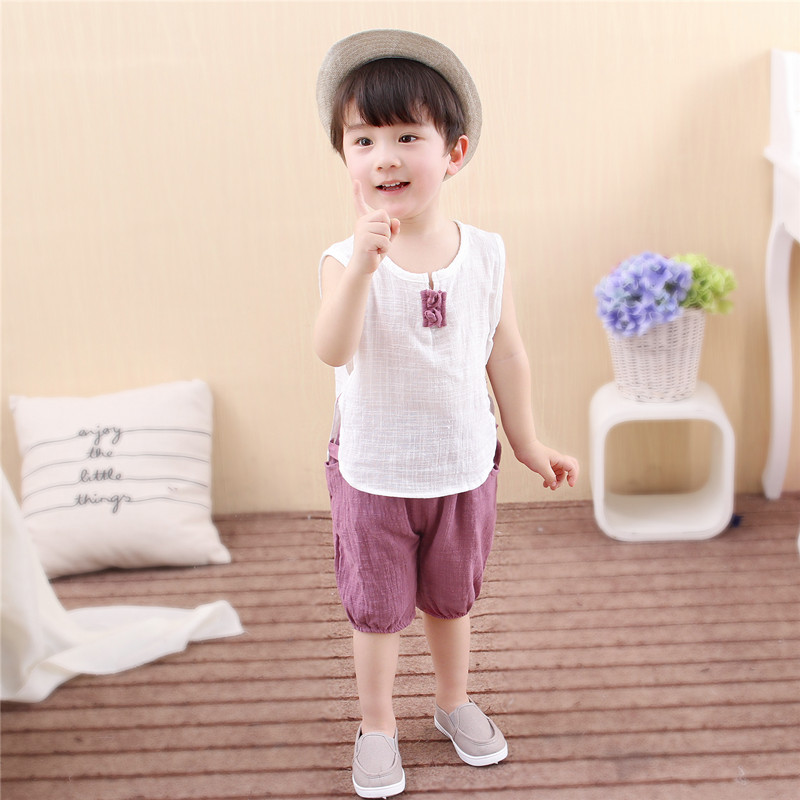 Chàng trai mùa hè phù hợp với trẻ em của Trung Quốc phong cách cotton và linen vest phù hợp với trẻ em không tay hai mảnh đặt 0-1-2-4 tuổi