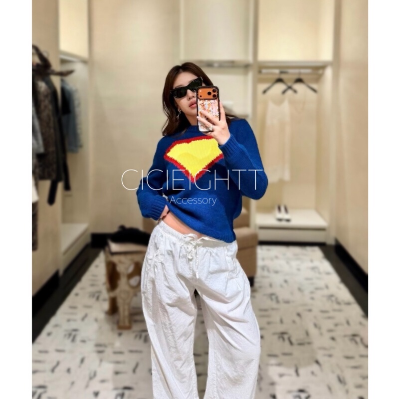 Cicieightt 26 Early Autumn Handmade Blue Round-Neck Superman Knit Sweater, Same Style as Jennie