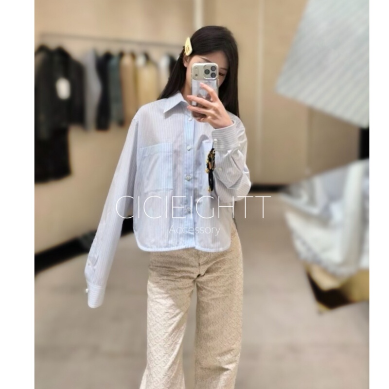 Cicieightt 26 Spring and Summer Blue Striped Chain Short Long-Sleeved Shirt Same Style as Jennie