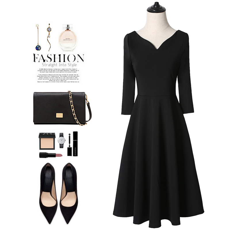 Black Ocean Dress Lady Autumn winter Elegant Wind Skirts in the middle of a long version of the Bottom Heart Machine Little Black Skirt Heben Wind Long Skirt