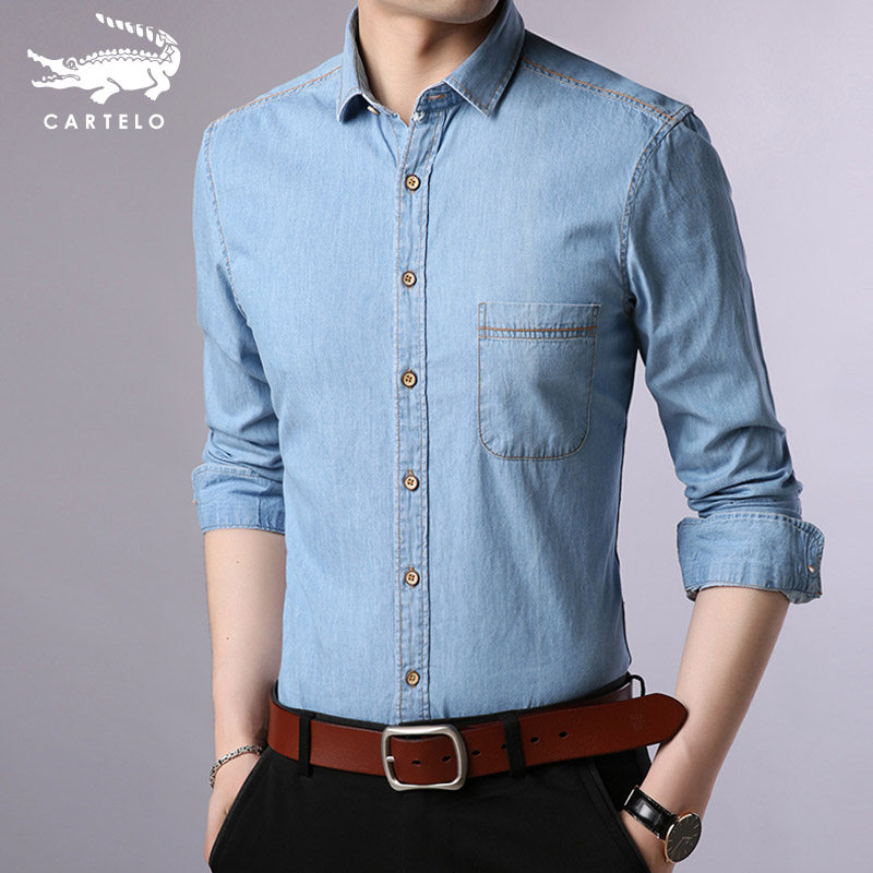 Crocodile denim shirt men's spring new men's long-sleeved thin cotton inch coat fashion Korean version inch shirt tide