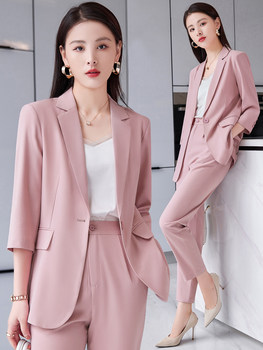 Pink suit jacket women's thin spring and summer temperament professional wear casual three-quarter sleeve small suit suit ol work clothes