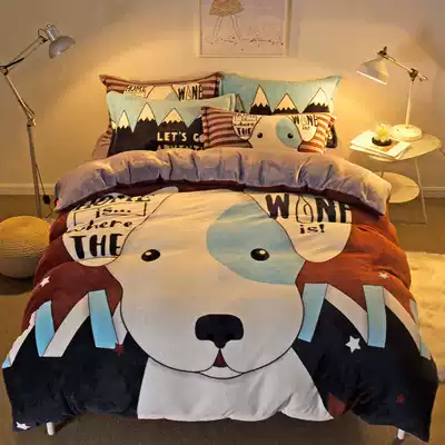 Cartoon Flannel Bed Four-Piece Winter Thickened Double-sided Coral Velvet quilt cover Children's Sheets Falaizo Bed Hats