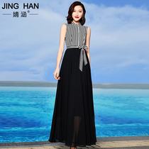 Jinghan dress female 2021 summer new black and white striped chiffon knee long dress long temperament fake two skirt