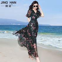 Flower dress women 2021 summer new long knee chiffon very fairy big pendulum casual temperament long dress