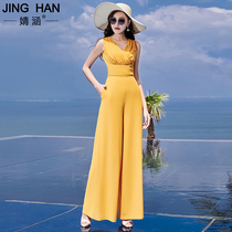 Jinghan chiffon wide leg pants Women summer 2021 New High waist drape casual loose slim thin straight jumpsuit