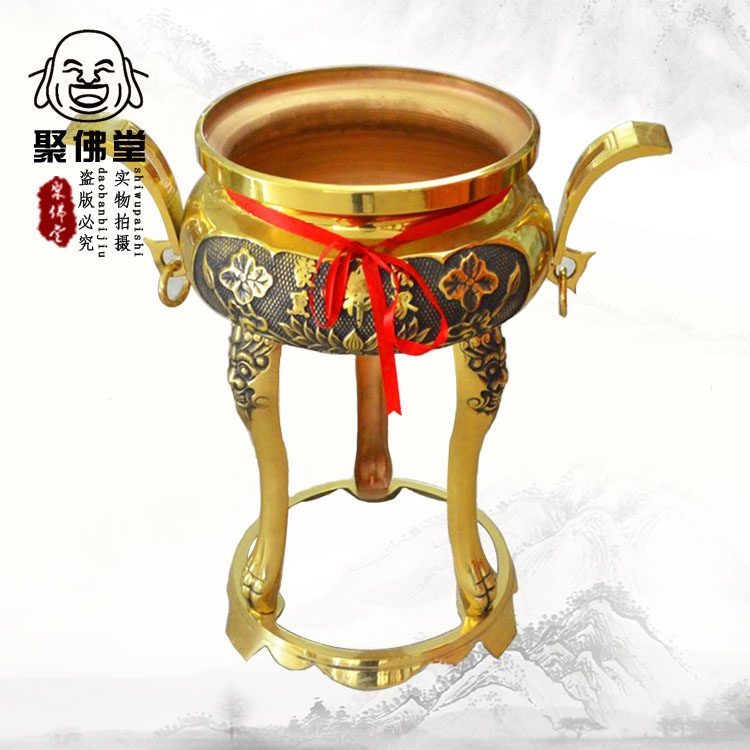 纯铜高三脚香炉寺庙大殿香炉黄铜佛字三高脚炉庭院摆件铜香炉半手工铸造香炉