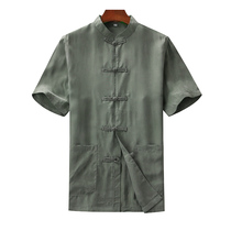 Summer thin 100% silk short sleeve Tang suit middle-aged and elderly men plus fat copper ammonia silk Chinese casual shirt