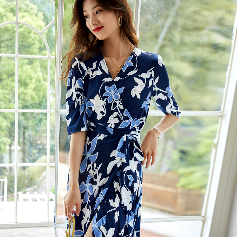 Pg Dvf Wrap Skirt Summer New French V Neck Sexy Blue Printed Waist Slimming Look One-Piece Dress
