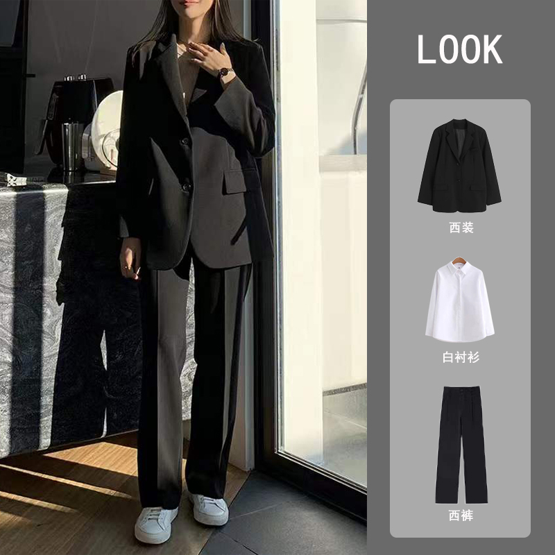 Suit Set for Female College Students, Formal Attire for Presentations, Teaching Staff Interviews, Professional Attire, Suit Jacket, Loose Work Clothes, Black
