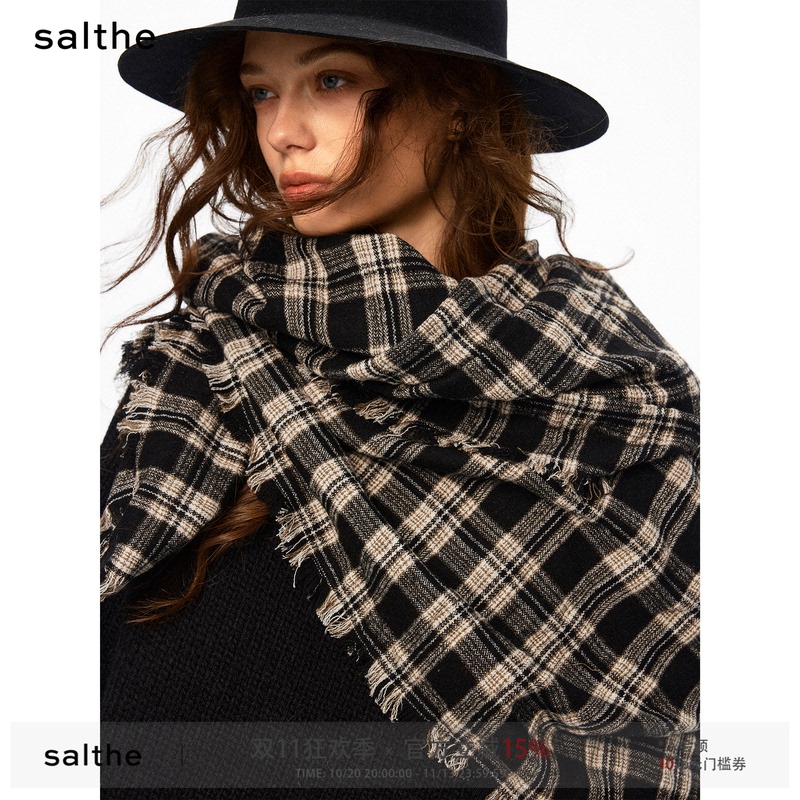 Salthe* Wool Blend Vintage Plaid Handmade Fringed Cape Shawl Neck Warmer Fashionable Warm Scarf