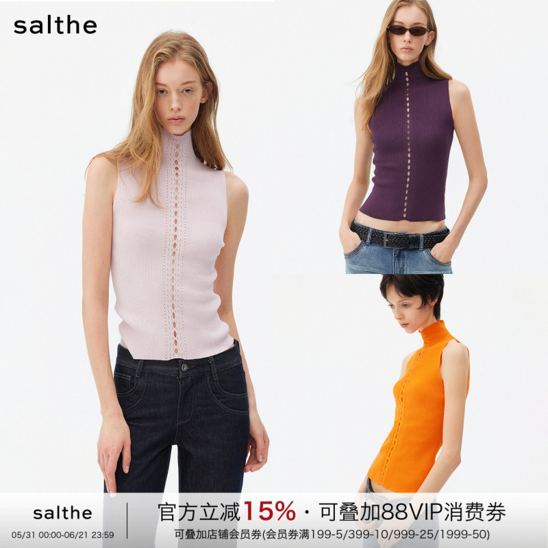Salthe Salt Tea* Lyocell High Neck Sleeveless Hollow Out Ribbed Knit Design Outerwear Sweater Vest