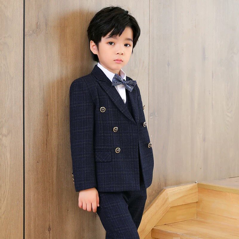 Boy suit three pieces of autumn and winter plus thickening English style plate children's small suit boy flower dress