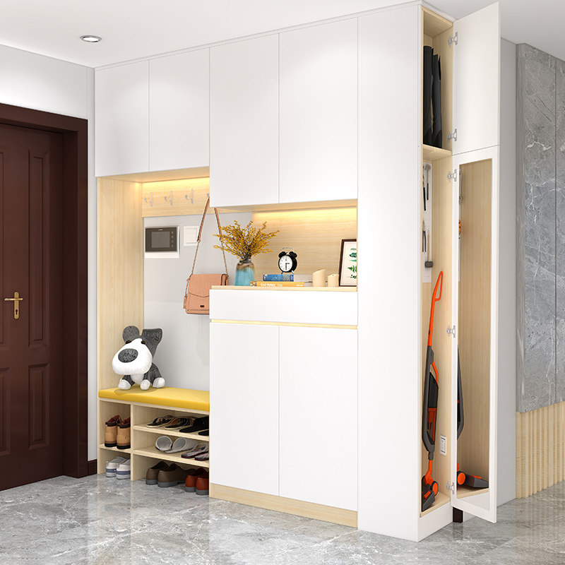 Entry shoe cabinet and cloakroom integrated with hanger multi-functional entrance hall cabinet coat rack with mirror wear shoe stool