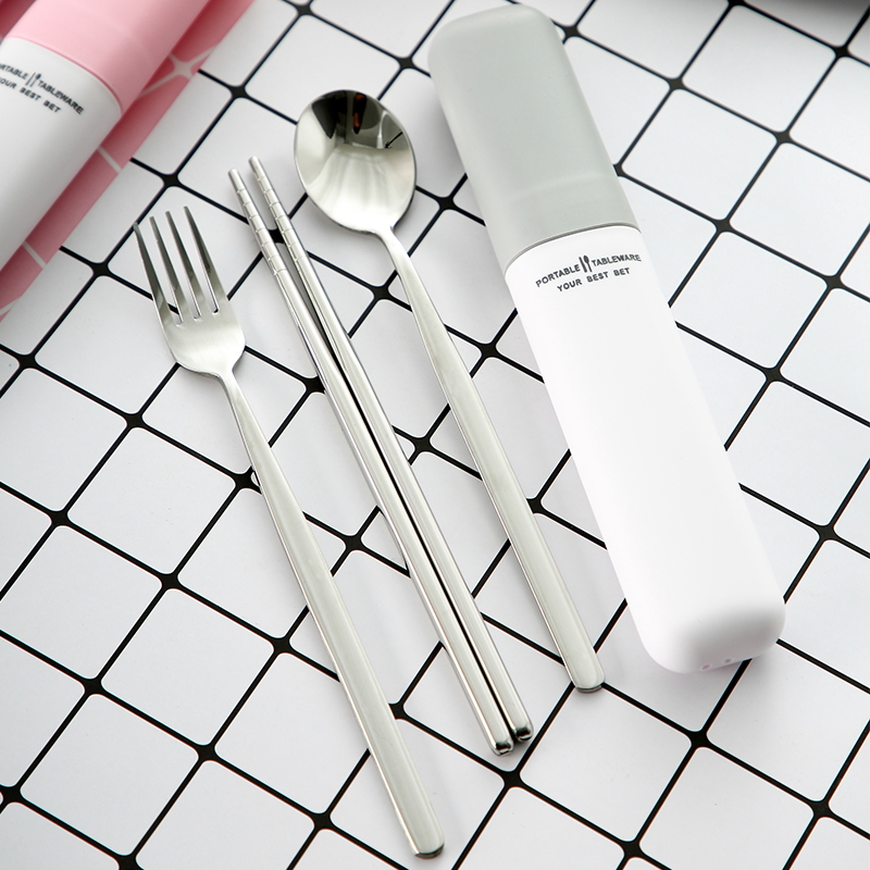 senseyo Korean style 304 stainless steel chopsticks spoon fork set portable tableware three-piece set student tableware box