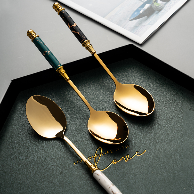 Golden spoon European high value stainless steel spoon creative personality rice spoon ceramic long handle exquisite vintage spice spoon