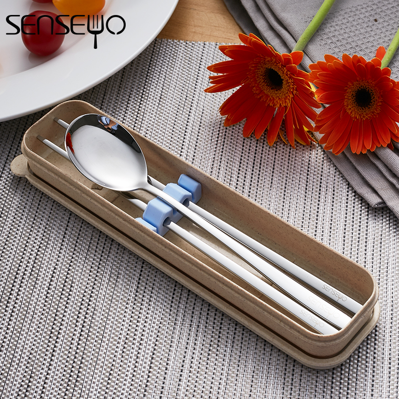 senseyo304 stainless steel portable cutlery student chopstick spoon suit chopsticks spoon fork three-piece containing box