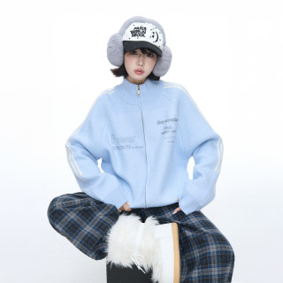 American retro creative printed stand-up collar zipper cardigan sweater for women autumn and winter new loose casual couple sweater