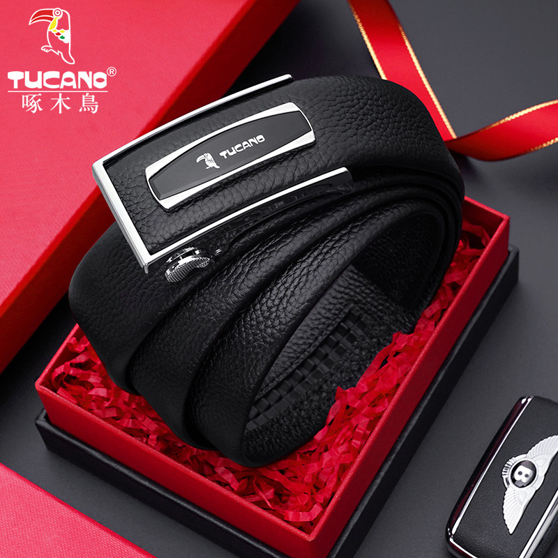 Woodpecker belt men's dermal automatic buckle trend of Korean Young Young Tank Pure Coal Leather