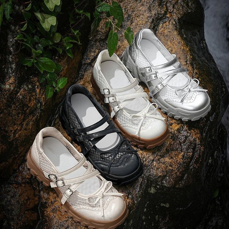 Uniity Thick-Soled Mesh Sports Mary Jane Shoes for Women 2026 New Style Bow Shallow Mouth Sandals