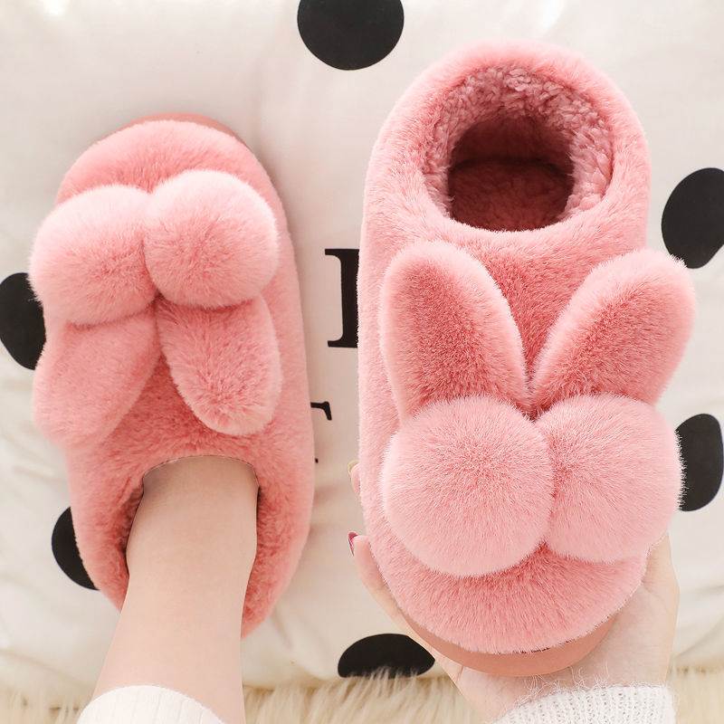 Cotton Slippers for Women in Winter, with a Closed Heel, 3D Rabbit Fur, for Men and Couples, Non-Slip, Thick-Soled, Plush, Warm, Children's Cartoon Cute Design