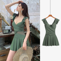 Conservative one-piece swimsuit womens summer fairy belly cover thin 2021 new seaside small chest large size hot spring swimming suit