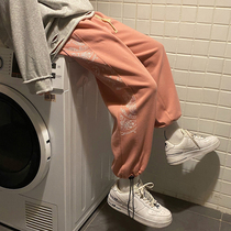 Cashew pants mens ins Tide brand straight sports pants loose Hong Kong wind bunch foot drawstring pink casual trousers